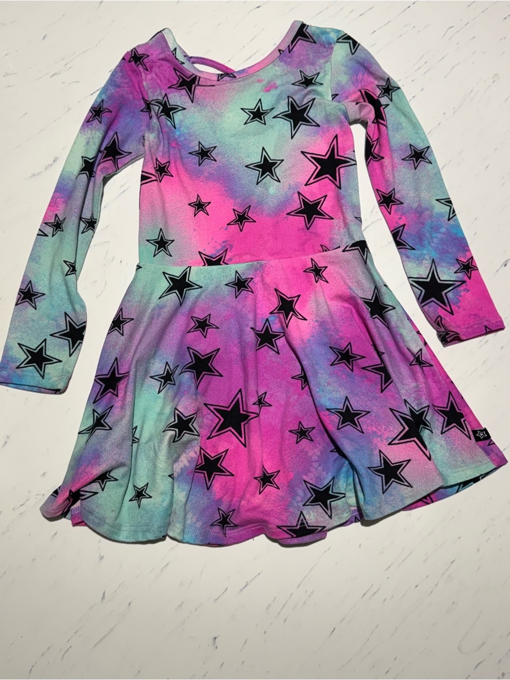 Pixielane Girls' Multicolor Star Print Skater Dress - Pink & Aqua 3T